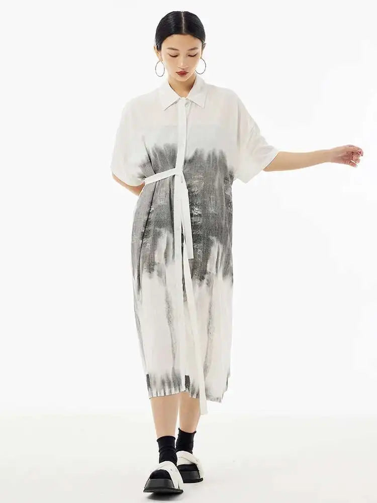 Women Green Pattern Printed Belted Big Size Shirt Dress New Lapel Short Sleeve Fashion Tide Spring Summer 2025  1DH5759