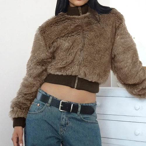 Load image into Gallery viewer, Fluffy Maillard Brown Faux Fur Jacket Women Autumn Winter Warm Crop Zip-Up Coat Outwear Vintage Jackets Fashion Coats
