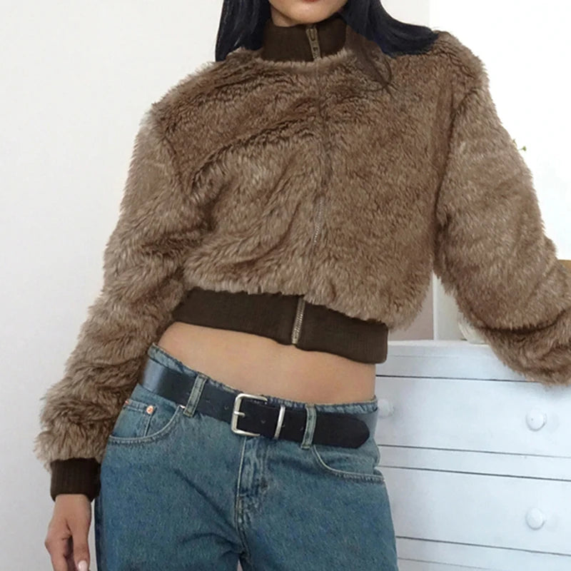 Fluffy Maillard Brown Faux Fur Jacket Women Autumn Winter Warm Crop Zip-Up Coat Outwear Vintage Jackets Fashion Coats