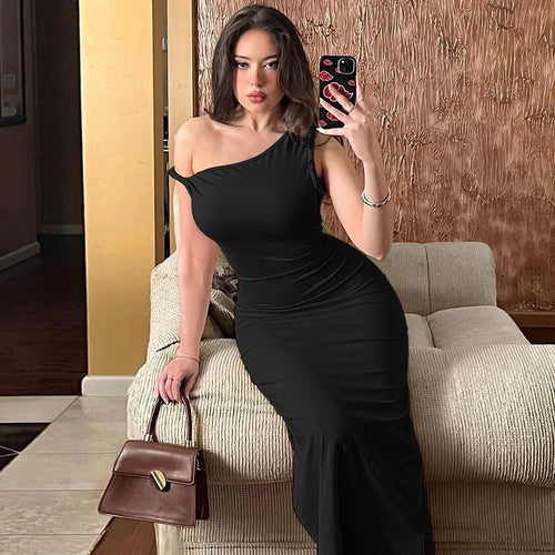 Load image into Gallery viewer, Inclined Shoulder Backless Slit Maxi Dress For Women Fashion Diagonal Collar Sleeveless Bodycon Sexy Long Dress Elegant
