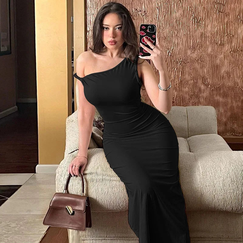 Inclined Shoulder Backless Slit Maxi Dress For Women Fashion Diagonal Collar Sleeveless Bodycon Sexy Long Dress Elegant