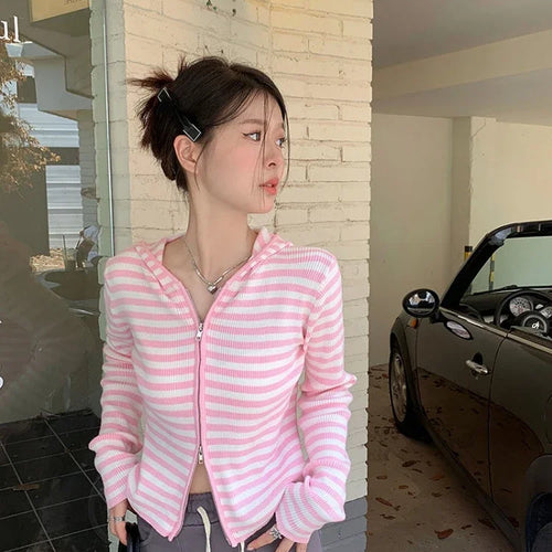 Load image into Gallery viewer, 2025 Pink Striped Vintage Y2k Aesthetic Women Cardigan Japanese Knitted Sweater Crop Coat Female Hooded Double Zipper Kardigany
