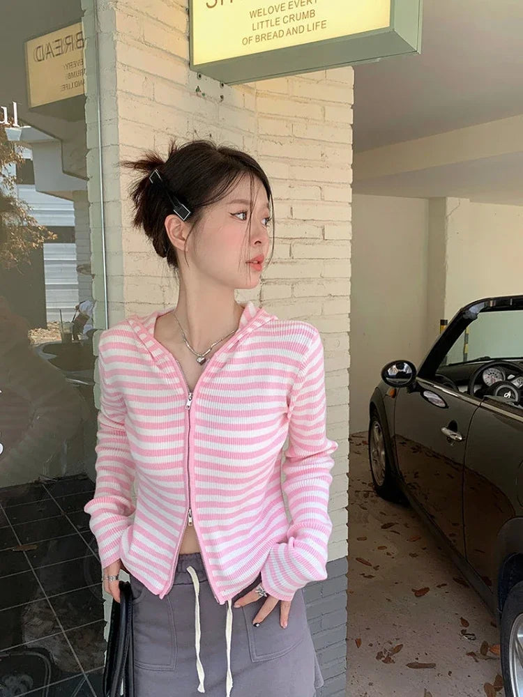 2025 Pink Striped Vintage Y2k Aesthetic Women Cardigan Japanese Knitted Sweater Crop Coat Female Hooded Double Zipper Kardigany