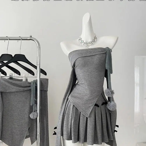 Load image into Gallery viewer, Women Gray Off Shoulder Long Sleeve Split Knit Sweater Tops And High Waist Pleated Short Skirt 2024 Autumn Winter Two Piece Set
