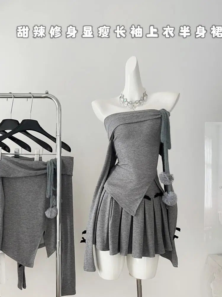Women Gray Off Shoulder Long Sleeve Split Knit Sweater Tops And High Waist Pleated Short Skirt 2024 Autumn Winter Two Piece Set