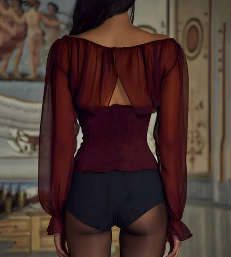 Wine Red Chiffon Long Sleeve Sexy T-shirt Women Fashion Elegant Lace-up Backless High Waist T-shirts Tops Loose Tees