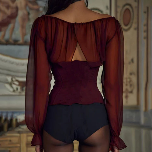 Load image into Gallery viewer, Wine Red Chiffon Long Sleeve Sexy T-shirt Women Fashion Elegant Lace-up Backless High Waist T-shirts Tops Loose Tees
