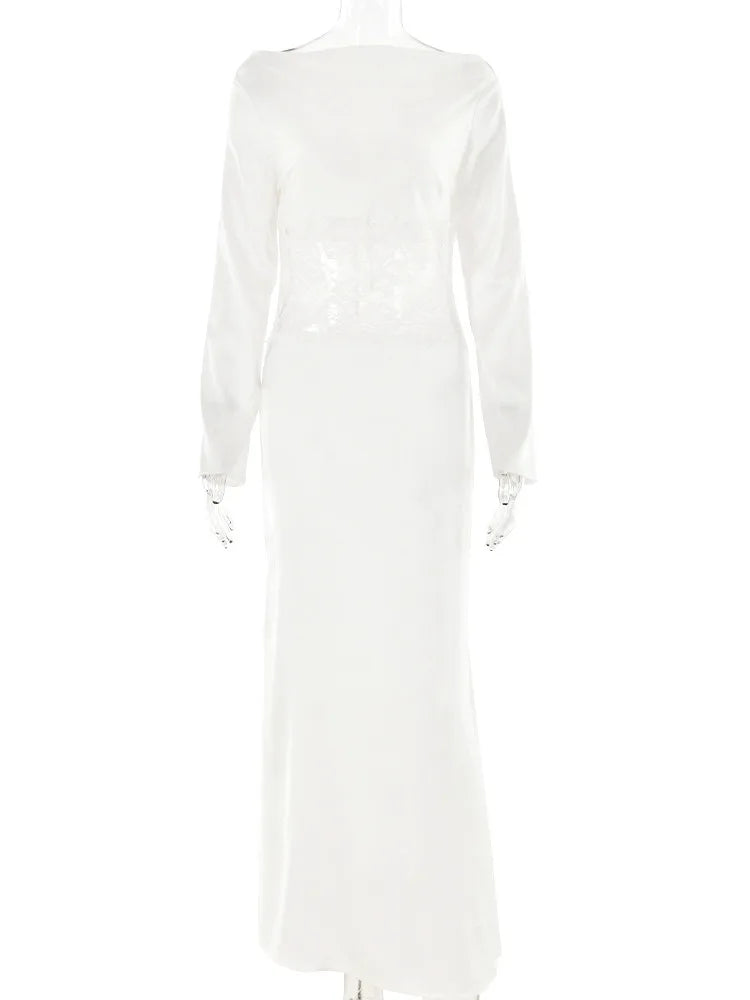 Elegant Long Sleeved Satin Lace Patchwork Dress Women Slim Fit Lace Style Party Club Evening Dress Female 2024 New