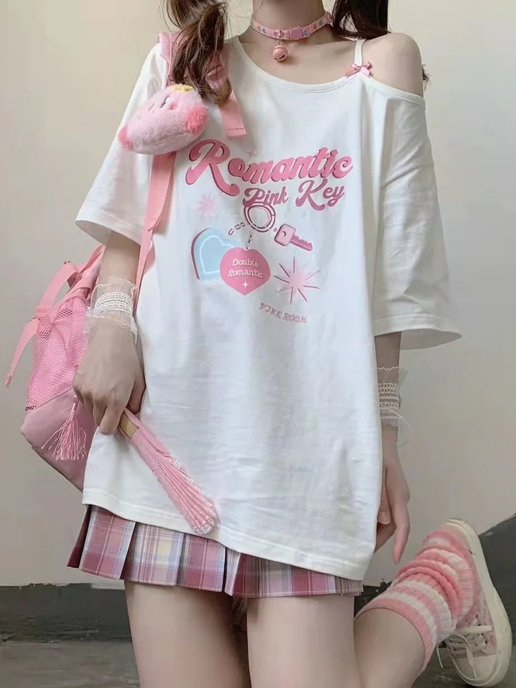 Harajuku Y2k Egirl T Shirt Women Korean Style Love Heart Print Gothic Off Shoulder Tee Punk Graphic Top