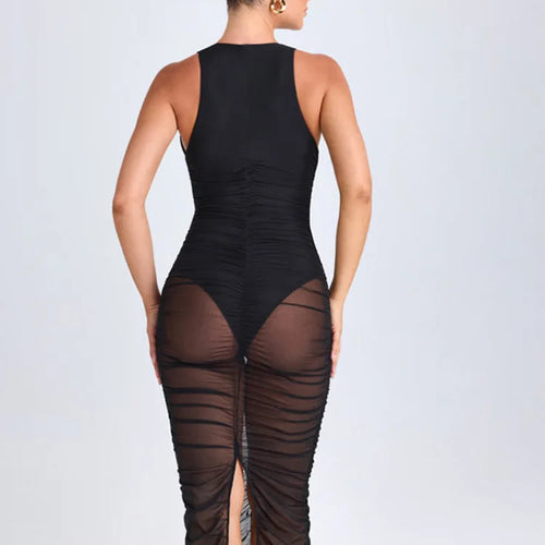 Load image into Gallery viewer, Sexy Mesh Double-layer Deep V-perspective Dress For Women Summer 2024New Tight Pleated Party Nightclub Holiday Beachwear
