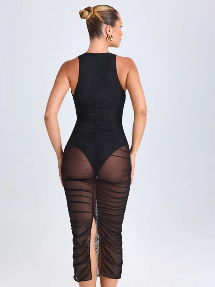 Sexy Mesh Double-layer Deep V-perspective Dress For Women Summer 2024New Tight Pleated Party Nightclub Holiday Beachwear