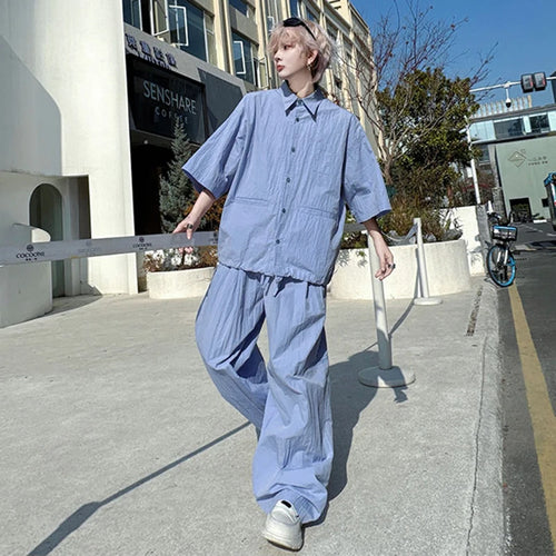 Load image into Gallery viewer, Summer Men's Two-piece Set Wrinkled Short Sleeve Single Breasted Shirt Male Casual Elastic Waist Pants New Male Suit 9W1491
