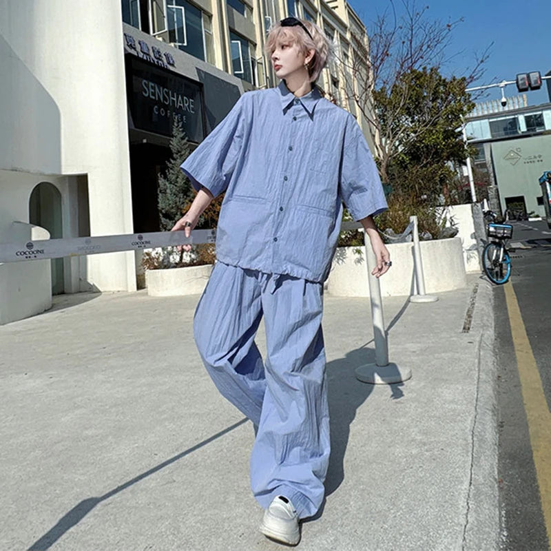 Summer Men's Two-piece Set Wrinkled Short Sleeve Single Breasted Shirt Male Casual Elastic Waist Pants New Male Suit 9W1491