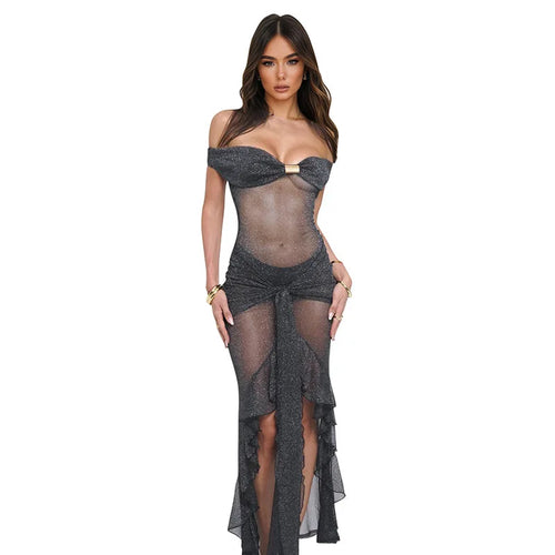 Load image into Gallery viewer, Mesh See Through Ruffled Sexy Maxi Dress For Women Gown Gray Off-shoulder Strapless Backless Ruched Long Dress Vestido
