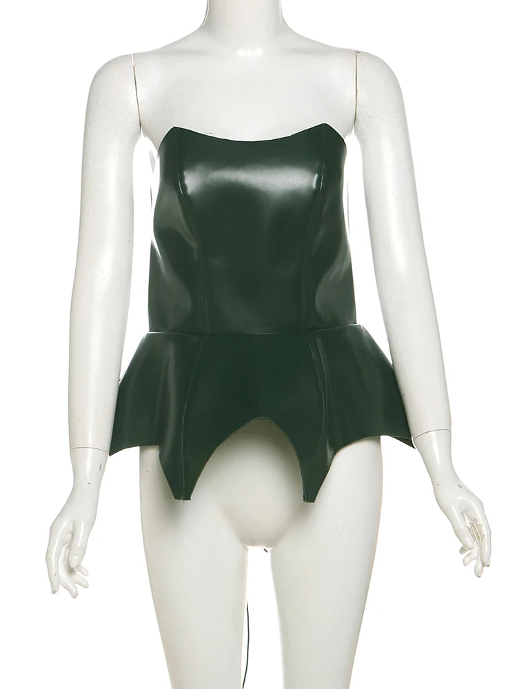 Faux leather tops low-neck lace-up Irregular hem thin summer trend sexy midnight solid Versatile hottie Senior outfits