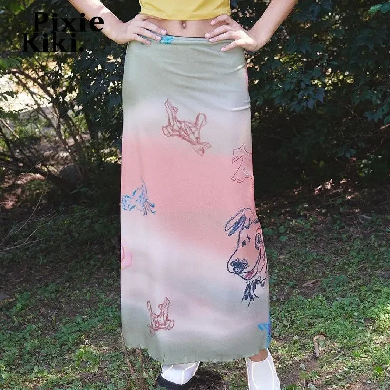 Y2k Style Long Maxi Skirts for Woman Cute Core Cartoon Gradient Pink Print Summer Skirt Women Clothing 2023 P33-BE17