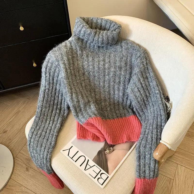 Korean Women Patchwork Pullover Sweater Autumn Winter Turtleneck Long Sleeve Slim Knitted Tops 2024 Ladies Casual Warm Clothing
