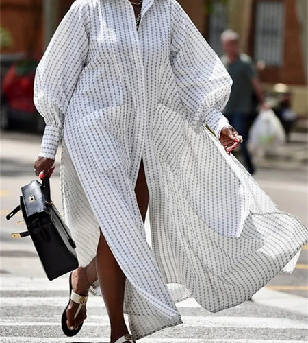 White Dress Women 2025 Summer Autumn Long Sleeves Buttoned Split-Side Striped Lapel Casual Women's Long Maxi Dresses