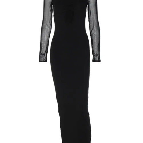 Load image into Gallery viewer, Sexy Mesh Patchwork Long Sleeved Women's Dress 2024 New Hollow Out Deep V-neck Lace Up Evening Dress Slim Party Vestido
