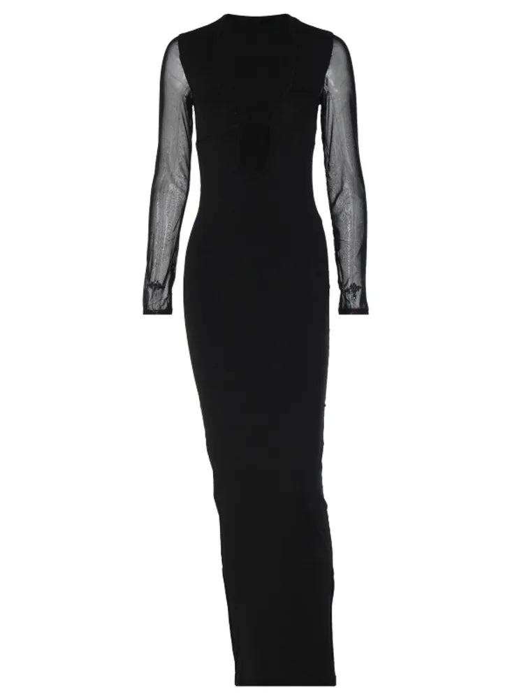 Sexy Mesh Patchwork Long Sleeved Women's Dress 2024 New Hollow Out Deep V-neck Lace Up Evening Dress Slim Party Vestido