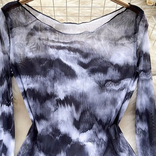 Load image into Gallery viewer, Vintage Black Tie Dye Elegant Slim Long Sleeved T-shirt For Women 2024 Spring Autumn New Vacation Versatile Tops Trendy Fashion
