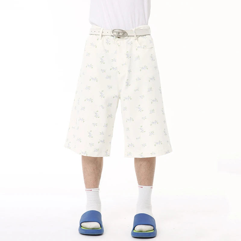 Niche Style Men's Casual Shorts Floral Printing Bottom Straight Knee-length Wide Leg Male Trousers Summer 9C6581