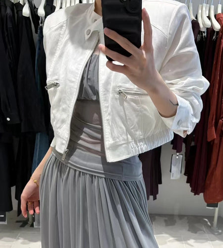 Solid Spliced Zipper Slimming Jackets For Women O Neck Long Sleeve Minimalist Coats Female Fashion Style Clothes