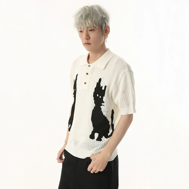 Contrast Color Men's Tees Cartoon Design Niche Turn-down Collar Knitting Tops Short Sleeve Casual Male T-shirts Tide 9W1255