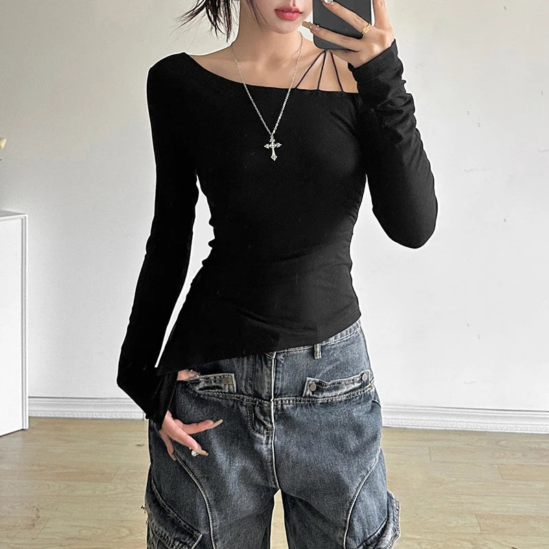 y2k Cold Shoulder Top Women Clothes Solid Color Slant Neck Long Sleeve Asymmetric Hem T Shirts 2000s Gothic Clothing