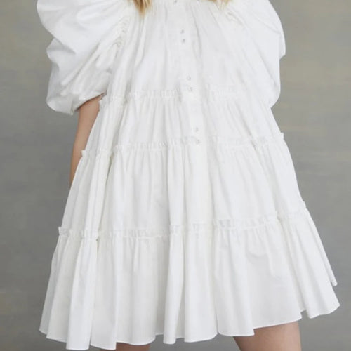 Load image into Gallery viewer, High Street White Dress For Women Lapel Short Puff Sleeve High Waist Patchwork Pleated Mini Dresses Female 2022 Summer Style
