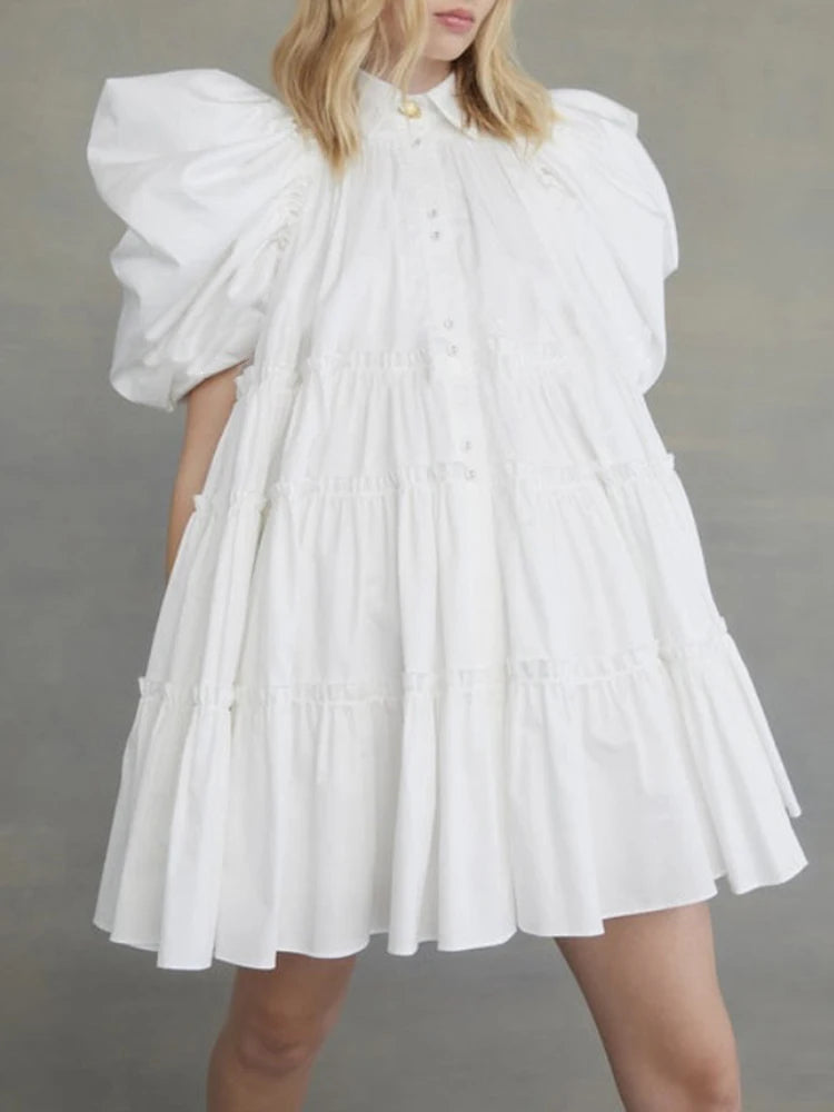 High Street White Dress For Women Lapel Short Puff Sleeve High Waist Patchwork Pleated Mini Dresses Female 2022 Summer Style