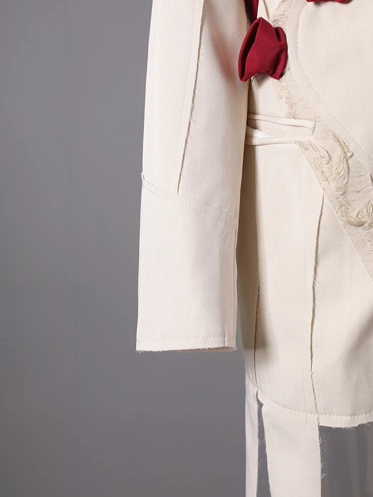 Women Beige Flower Ribbon Big Size Vintage Blazer New Lapel Long Sleeve Jacket Fashion Tide Spring Autumn 2025  CPG2872