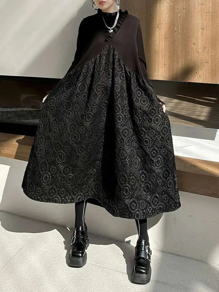 Women Black Pattern Textured Big Size  Long Vest Dress New V-Neck Sleeveless Fashion Tide Spring Autumn 2025 1DH844101