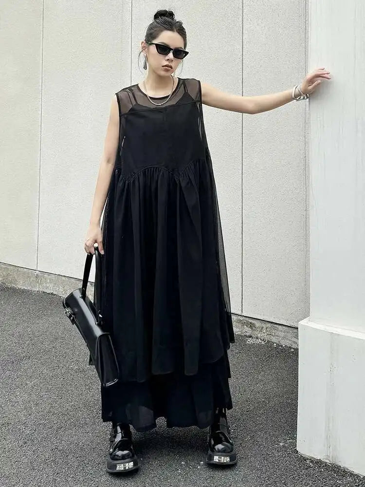 Women Black Mesh Perspective Pleated Big Size Elegant Dress New Round Neck Sleeveless Fashion Spring Summer 2025  1DH5841