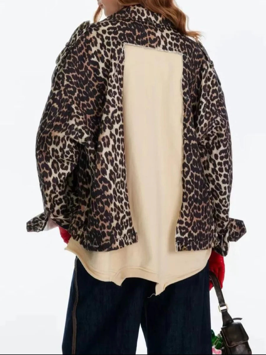 Hit Color Leopard Spliced Zipper Casual Jackets for Women Lapel Long Sleeves Patchwork Pocket Fashion Jacket Female
