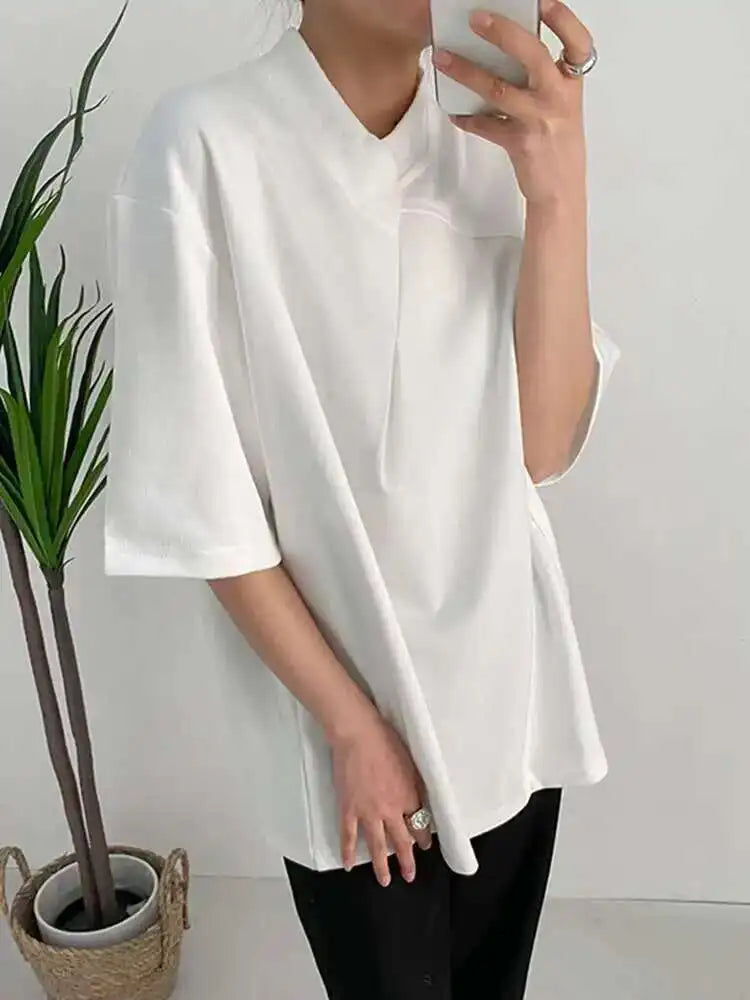 Women White Irregular Big Size Personality T-shirt New Round Neck Half Sleeve Fashion Tide Spring Summer 2025 1DF6438