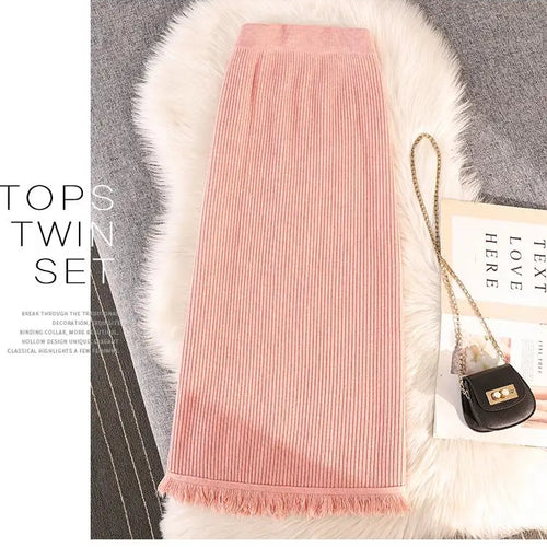 Load image into Gallery viewer, Solid Tassel Split Long Skirts Women Warm Cozy Elegant Casual All-match Korean Elastic Waist A-line Knitted Wrap Hip Skirt Trend
