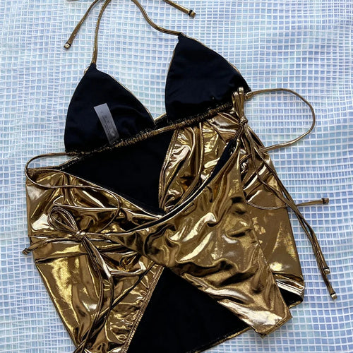 Load image into Gallery viewer, Sexy Gold Shiny Halter Three Pieces Swimsuit with Skirt 2025 Drawstring Brazilian Swimwear Women Biquini Beachwear
