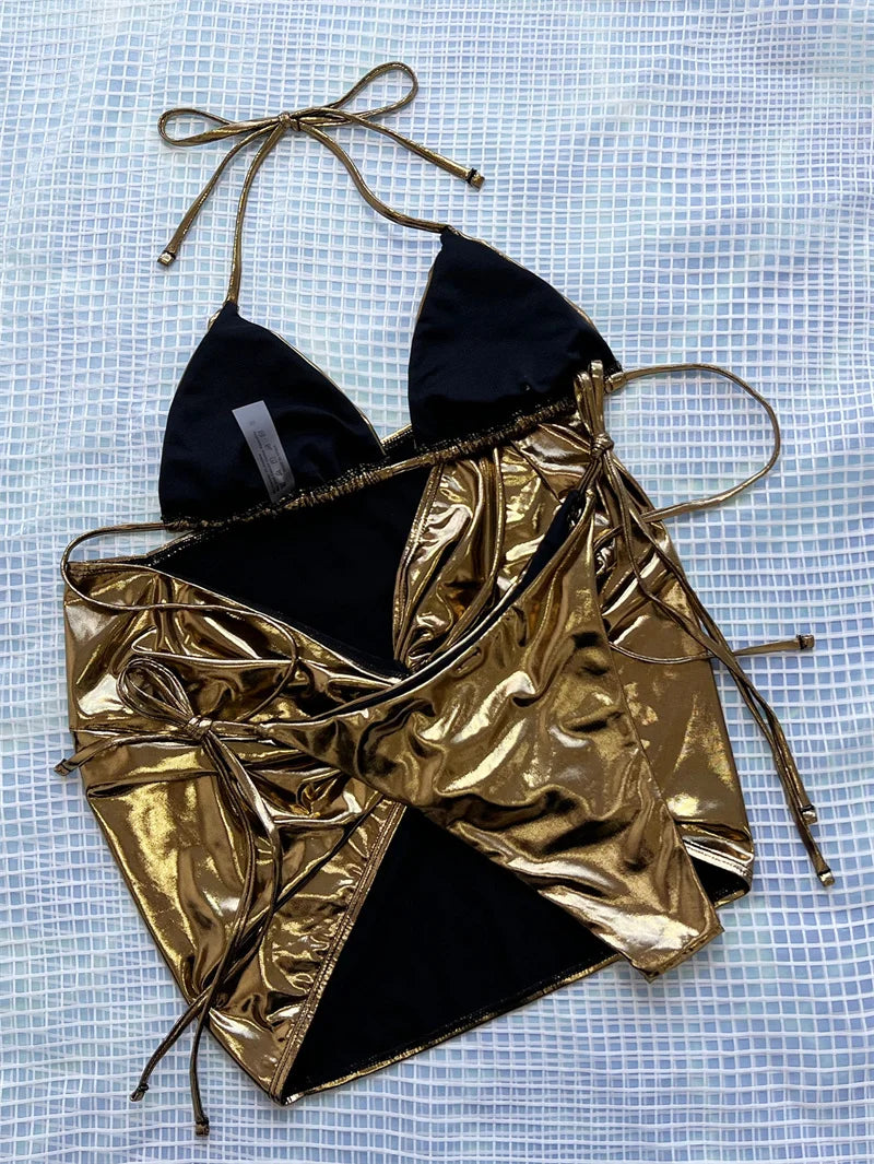 Sexy Gold Shiny Halter Three Pieces Swimsuit with Skirt 2025 Drawstring Brazilian Swimwear Women Biquini Beachwear