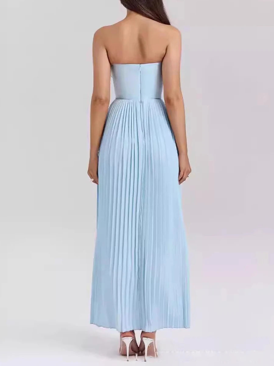 Solid Spliced Folds Slimming Dresses For Women Strapless Sleeveless High Waist Temperament Long Dress Female New