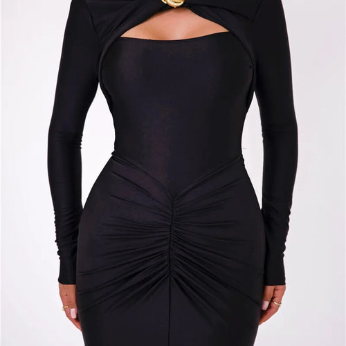 Load image into Gallery viewer, Hollow Out Long Sleeve Sexy Maxi Dress For Women Gown Autumn Winter New Metal Buckle Ruched Slit Long Dress Elegant
