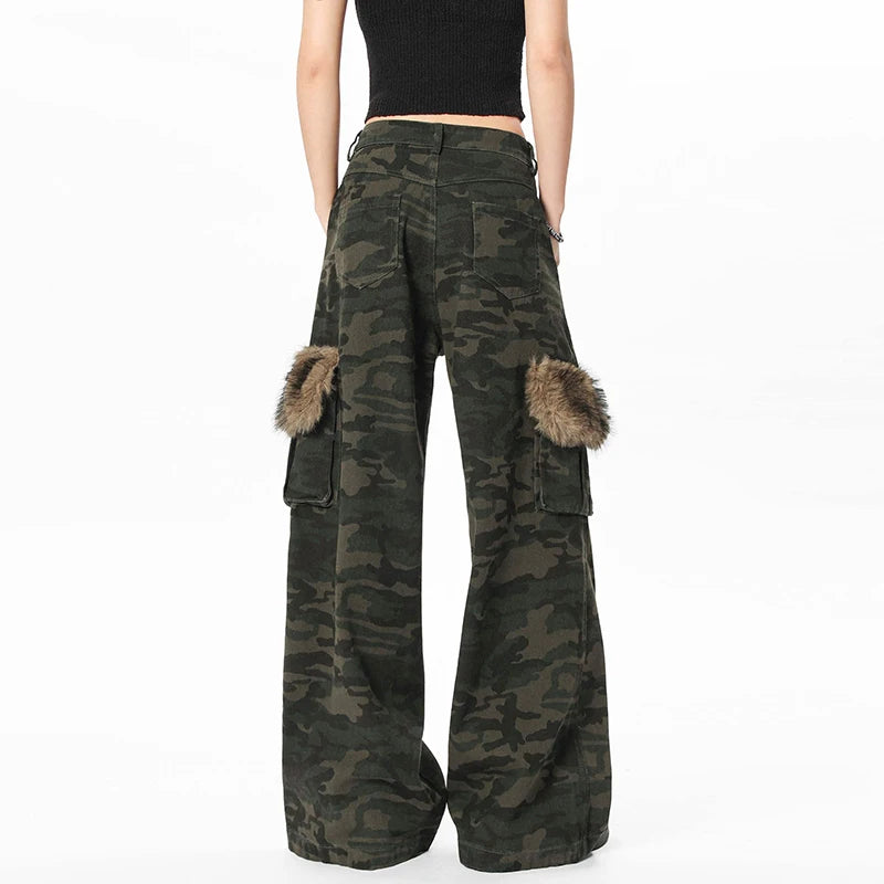 American High Street Male Cargo Pants Fur Design Loose Straight Wide Leg Multi Pockets Chic Male Casual Trousers 9W1957