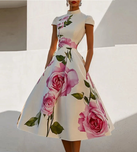 Woman Flower Print Midi Dresses Summer Skinny Stand Collar Elegant Vintage Romantic Evening Dress for Women