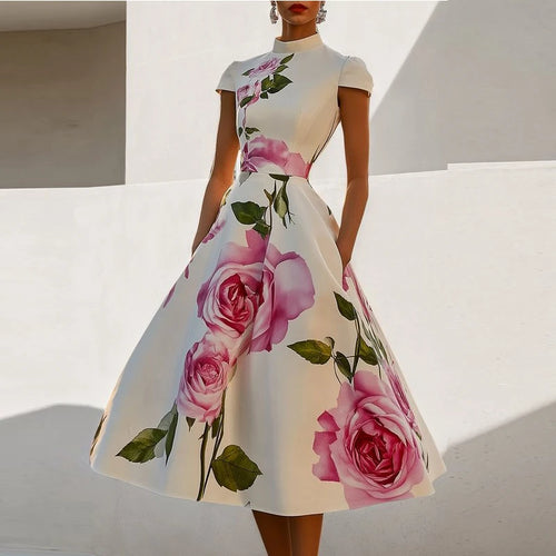 Load image into Gallery viewer, Woman Flower Print Midi Dresses Summer Skinny Stand Collar Elegant Vintage Romantic Evening Dress for Women
