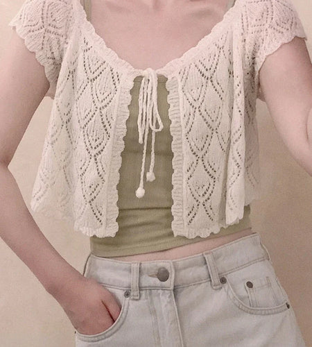 Lolita V-Neck Short Women Thin Cardigan  Sleeve Crop Top Hollow Korean Style Sun Protection Tops Summer Blusas