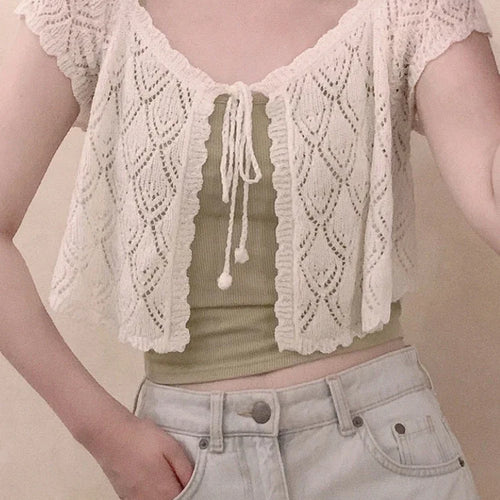 Load image into Gallery viewer, Lolita V-Neck Short Women Thin Cardigan  Sleeve Crop Top Hollow Korean Style Sun Protection Tops Summer Blusas
