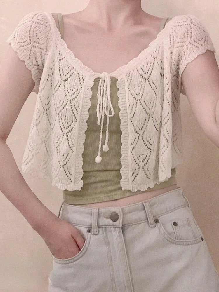 Lolita V-Neck Short Women Thin Cardigan  Sleeve Crop Top Hollow Korean Style Sun Protection Tops Summer Blusas