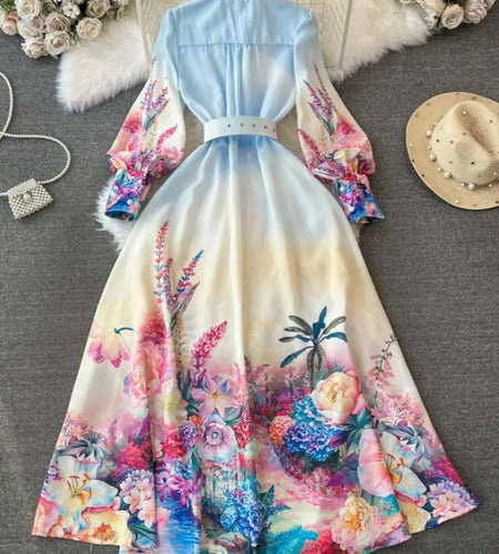 Autumn Retro Fashion Blue Flower Single Breasted Elegant Long Dress Women Stand Neck Long Sleeve Print Boho Evening Party Dress