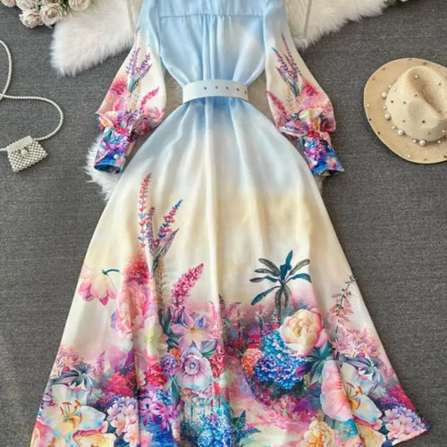 Load image into Gallery viewer, Autumn Retro Fashion Blue Flower Single Breasted Elegant Long Dress Women Stand Neck Long Sleeve Print Boho Evening Party Dress
