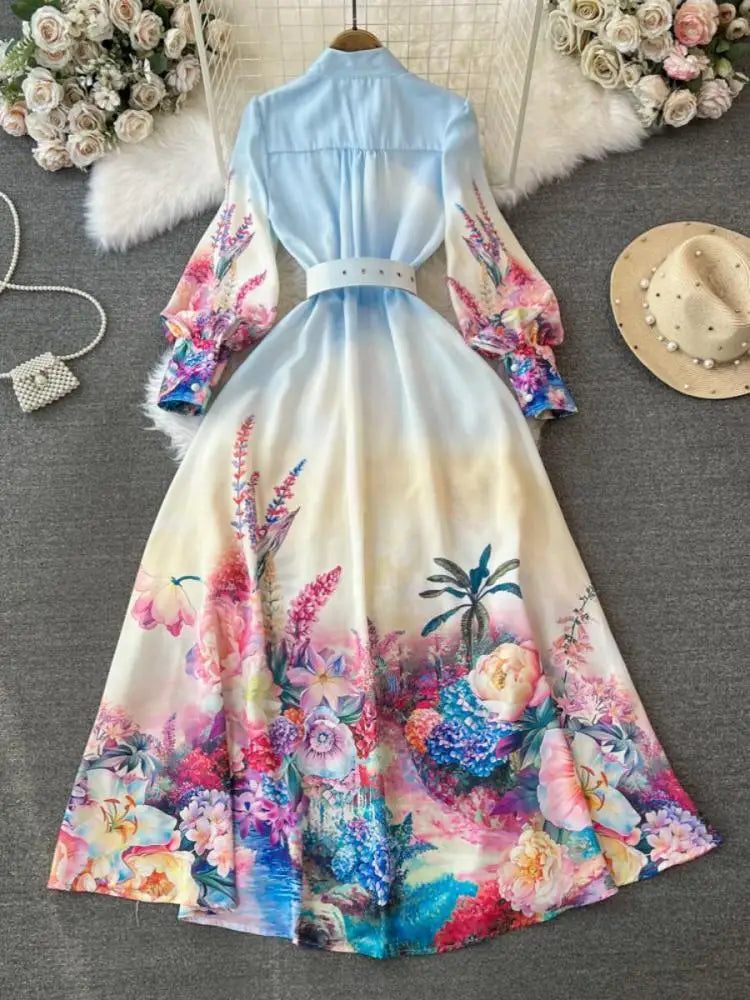 Autumn Retro Fashion Blue Flower Single Breasted Elegant Long Dress Women Stand Neck Long Sleeve Print Boho Evening Party Dress